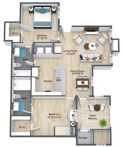 Floor plan for 2 beds, 2 baths, 965 sqft